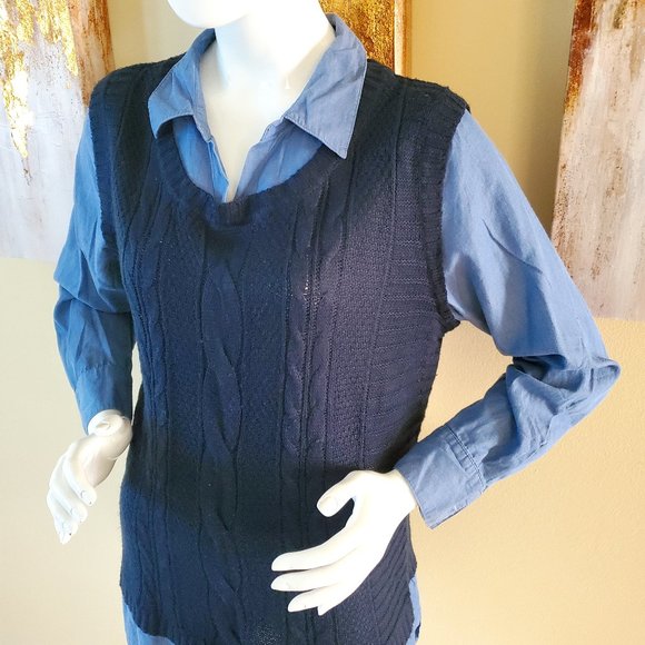 Faded Glory Blue Plus Twofer Sweater with Built-In Collared Shirt SZ L (12-14) - Picture 6 of 8